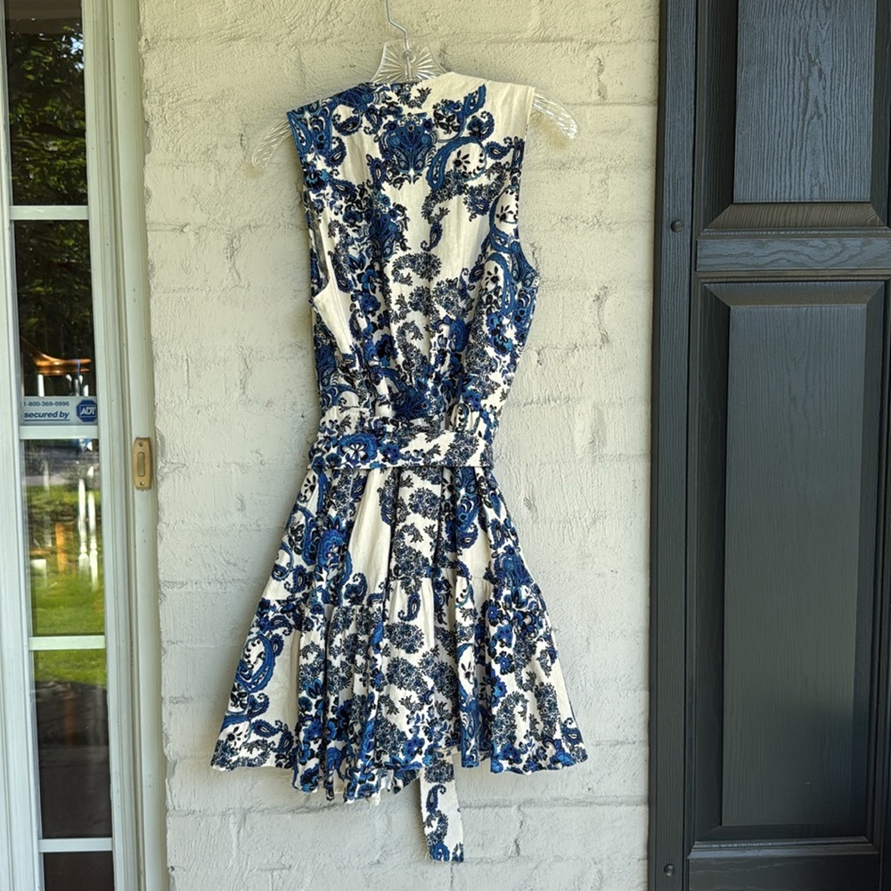Christian LaCroix Blue/White Floral Linen Sleeveless Mini Wrap Dress Medium - Picture 8 of 14